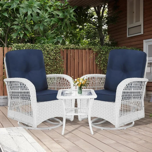 3 Pieces Outdoor Wicker Swivel Rocker Patio Set, Rocking Chairs Rattan Patio Furniture Sets with Thickened Cushion
