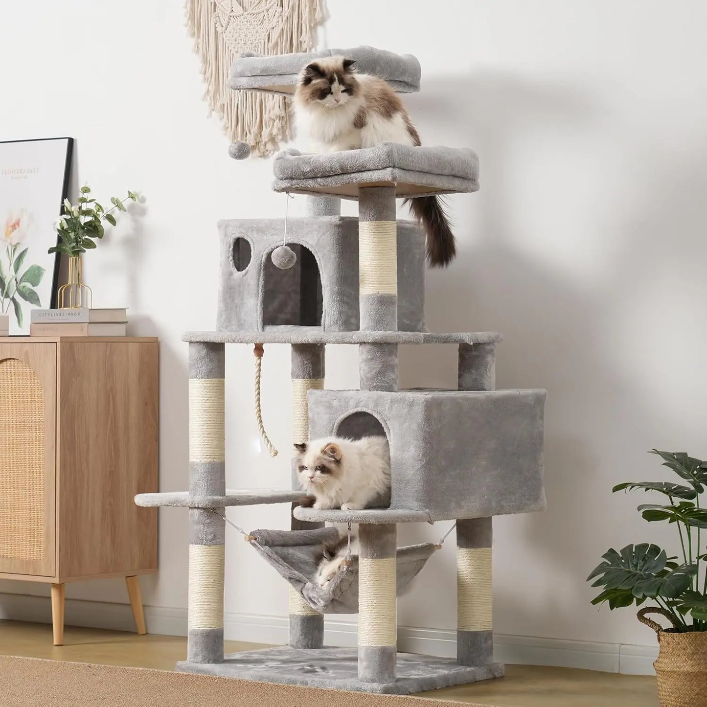 Large Multi-Level Cat Tree with Sisal Posts, 2 Plush Condos, Perch & Hammock for Cats - Light Gray