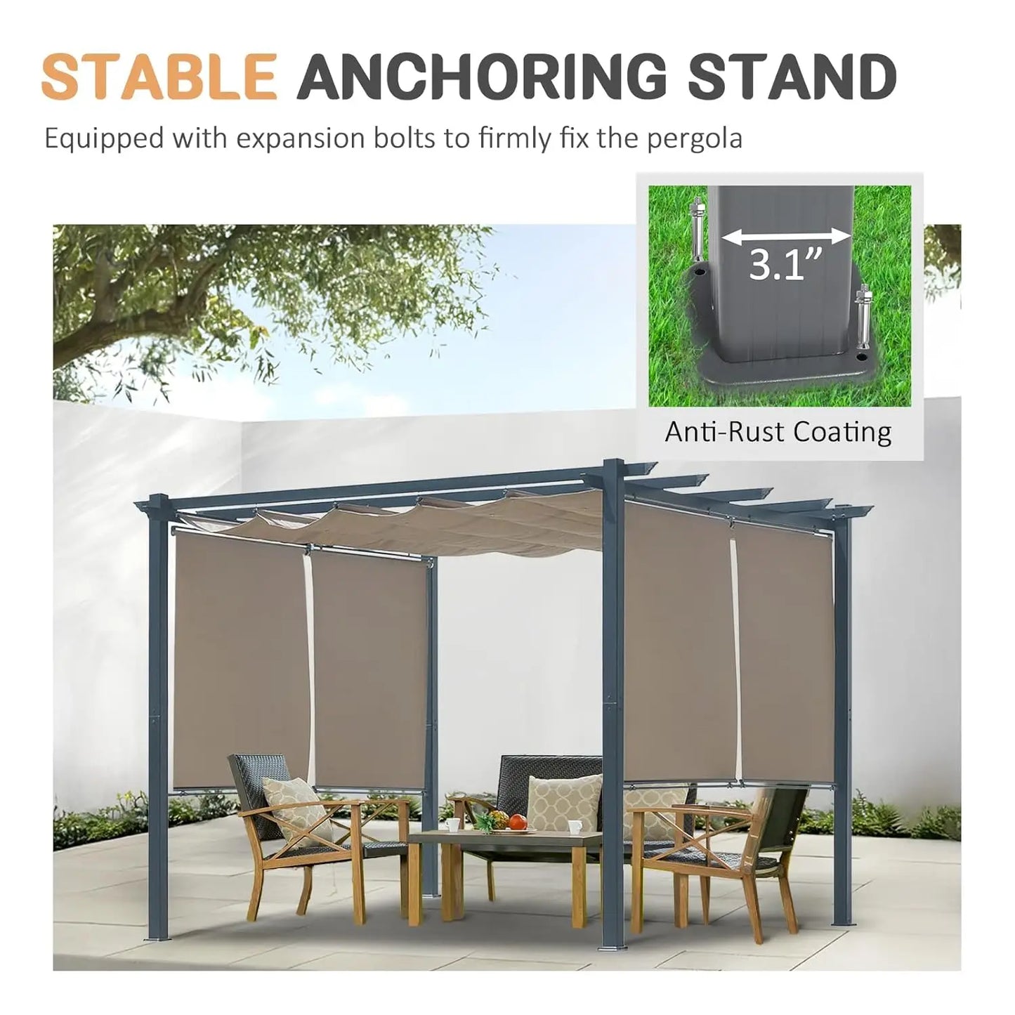 10 x 10 Ft Outdoor Aluminum Pergola, Retractable Canopy & 2 Sides Shades for Patio Backyard Garden Deck, Customized