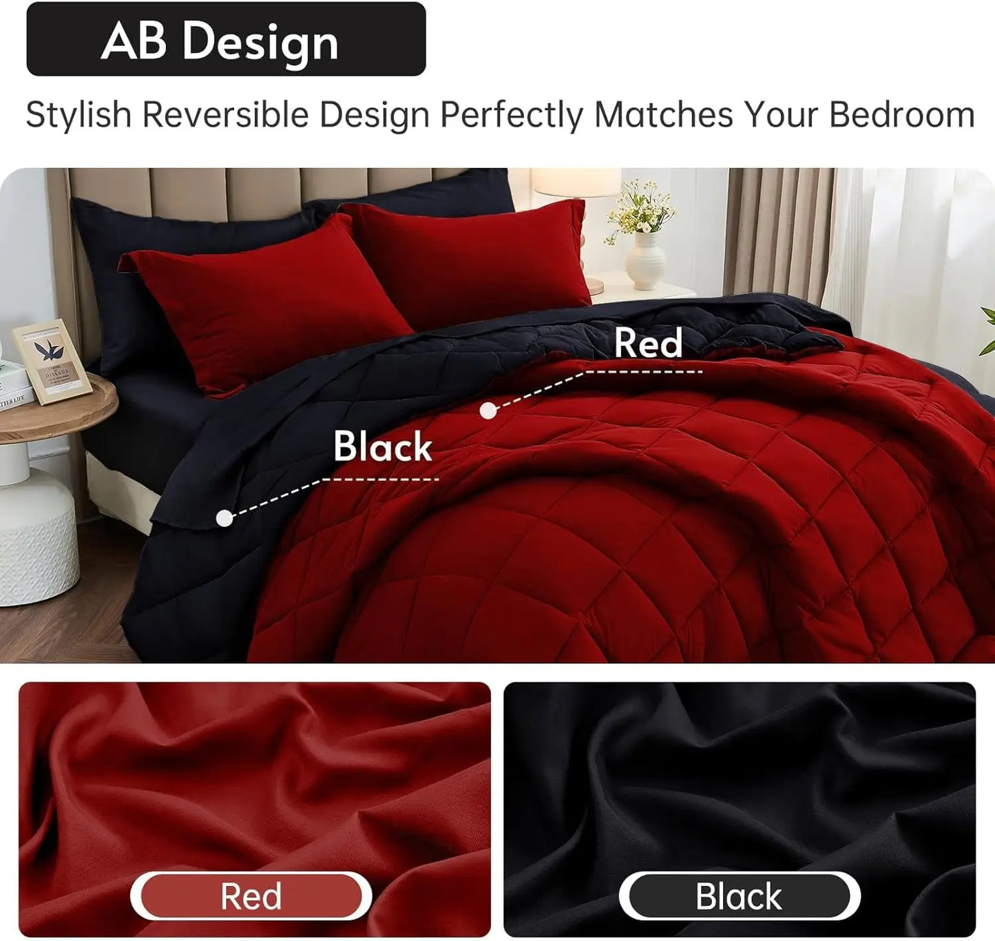 7 Pieces California King Comforter Set Reversible Bed in a Bag All Season Bedding with Sheets Pillowcases & Shams Red Black