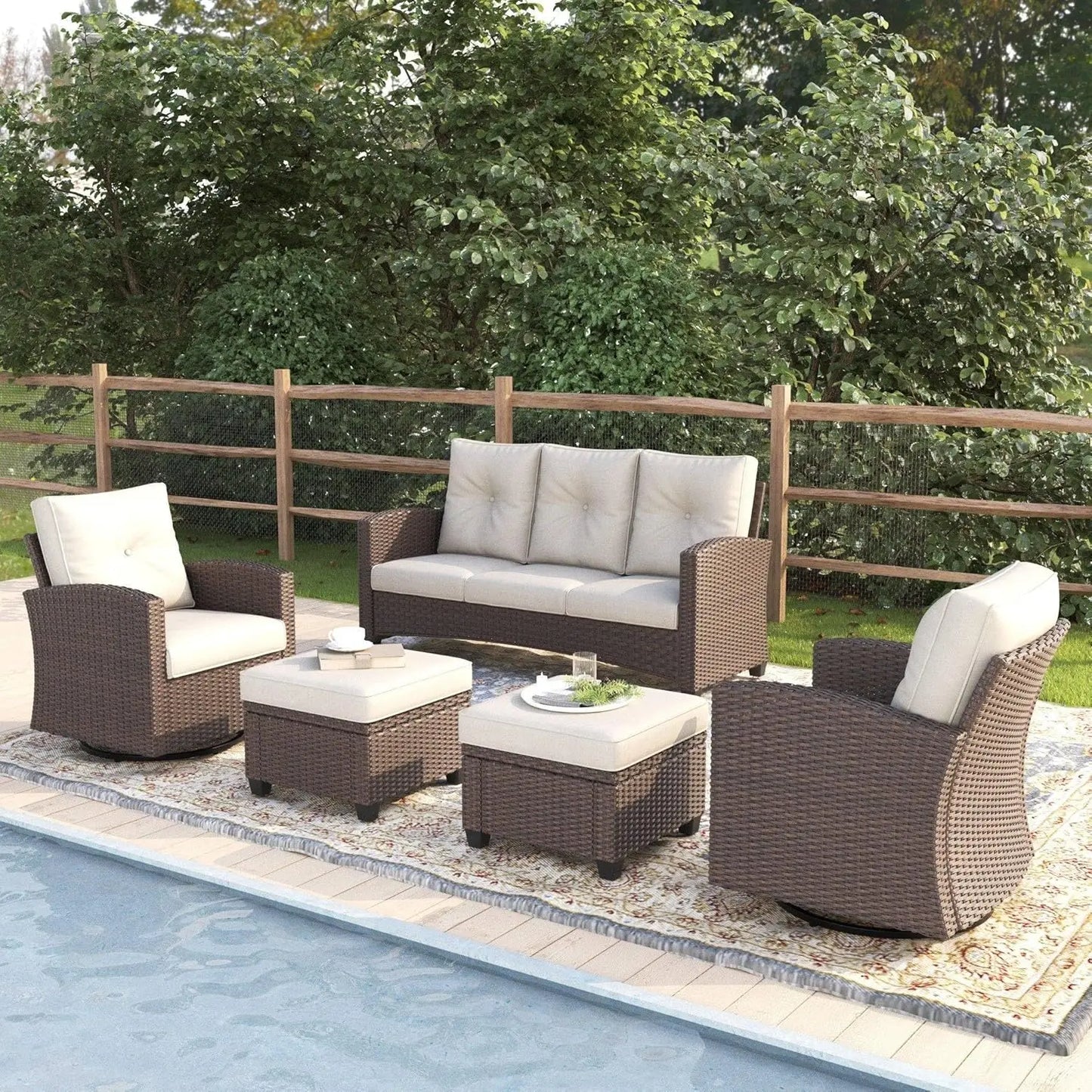 5 Pieces Patio Furniture Swivel Chairs Set, Outdoor Wicker Glider Rocking Chairs with Sofa Set, Customized