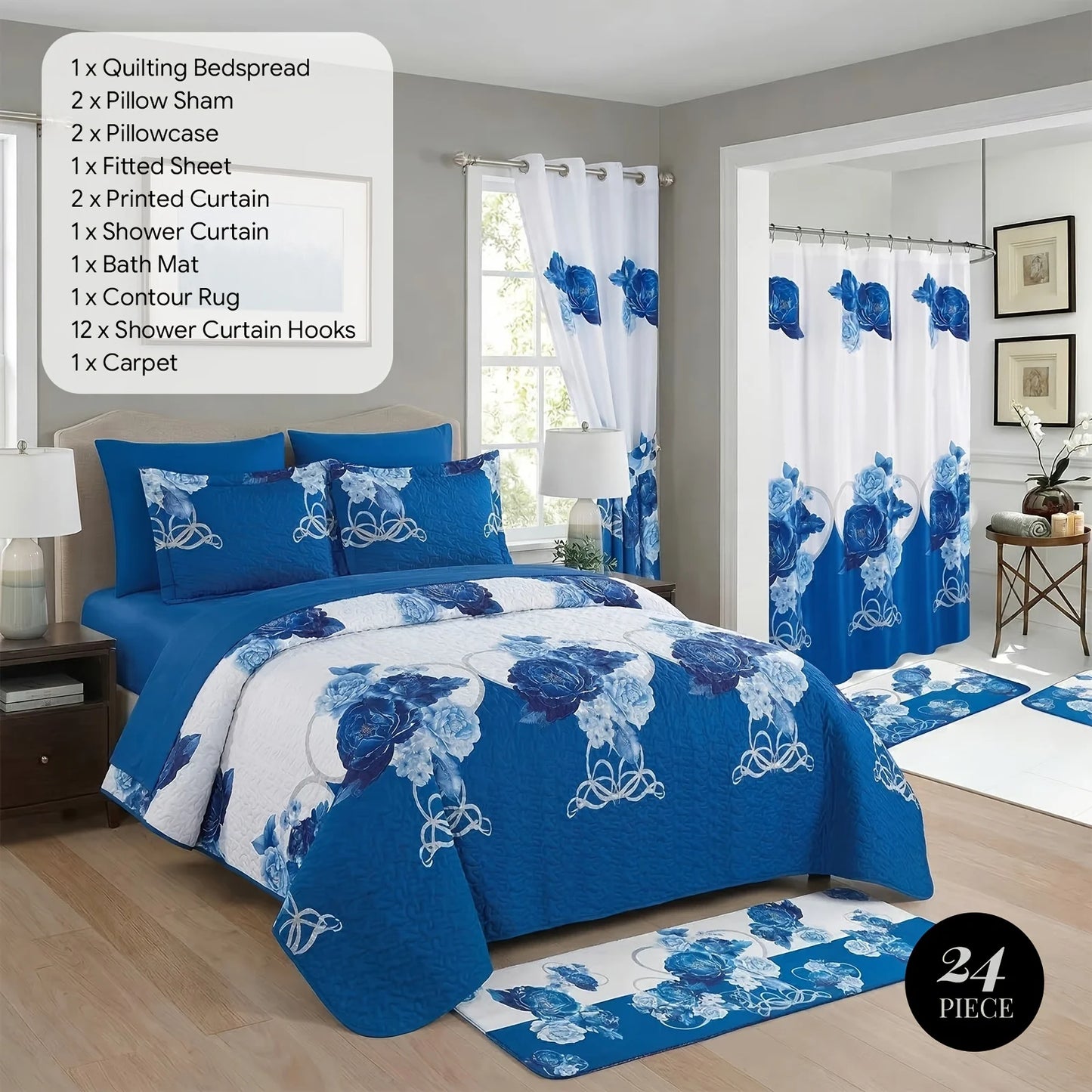 24pcs Bedspread Set 9pcs Quilt Set with 15pcs Shower Curtain Set Exquisite Pattern Modern Style Skin-friendly & Comfortable All
