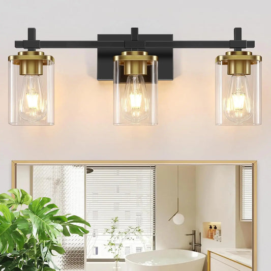 Modern Black and Gold Bathroom Light Fixture with Square Glass Shade, Over Mirror Vanity Lighting for Bedroom Hallway