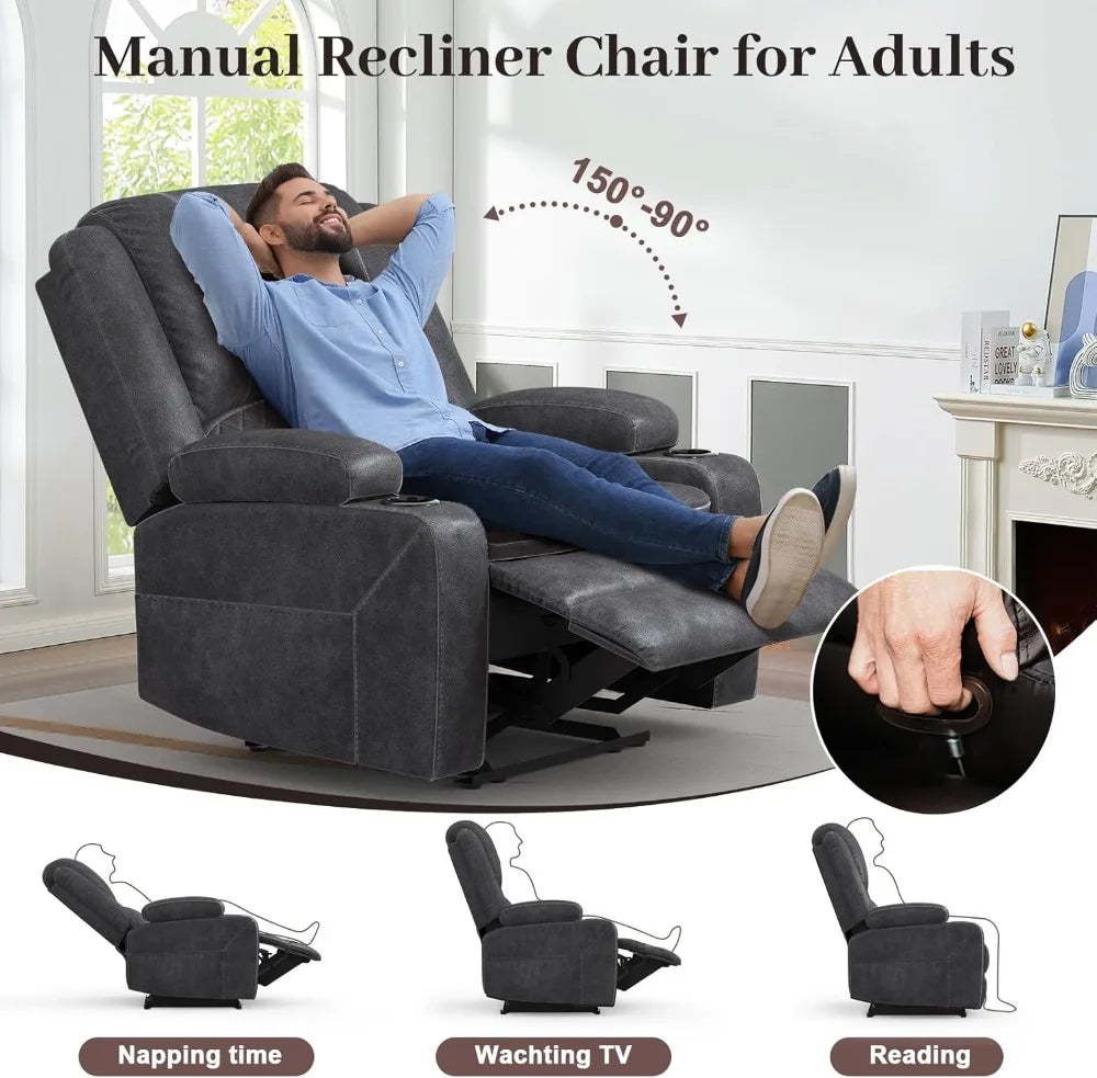 Oversize Manual Recliner Chair with 2-Tier Cushions, Hidden Storage & Cup Holders - Grey Velvet Living Room Furniture