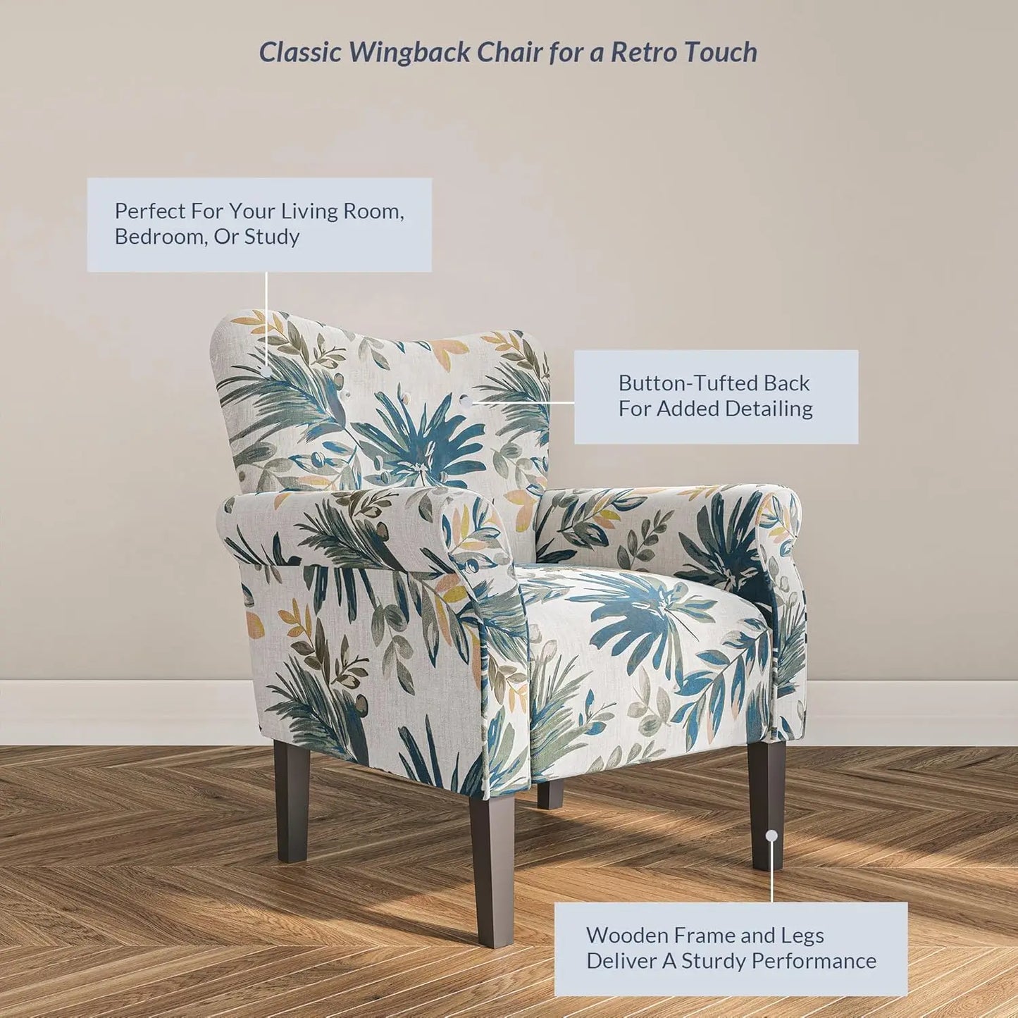 Elegant Wingback Chair, Plush Upholstered Armchair with Wooden Legs, Floral Pattern, for Living Room or Bedroom