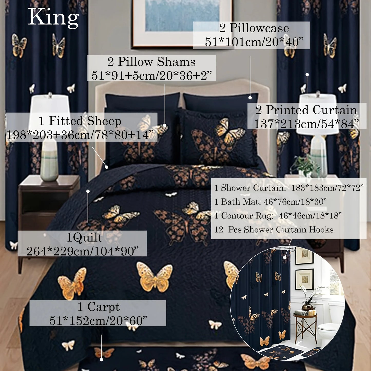24pcs Bedspread Set 9pcs Quilt Set with 15pcs Shower Curtain Set Exquisite Pattern Modern Style Skin-friendly & Comfortable All