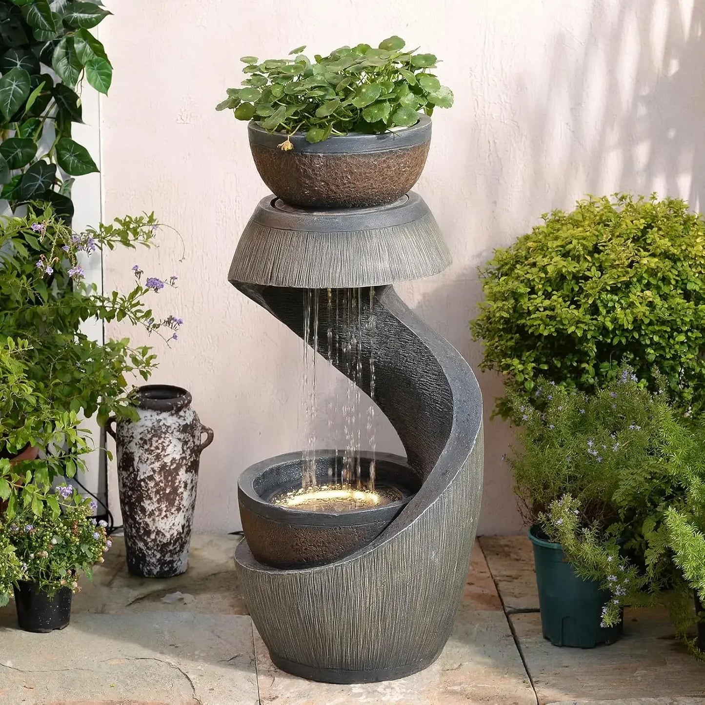 31.9" S-Shaped Water Outdoor Fountain–Modern Cascading Waterfall Feature with LED Lights & Planter Bowl
