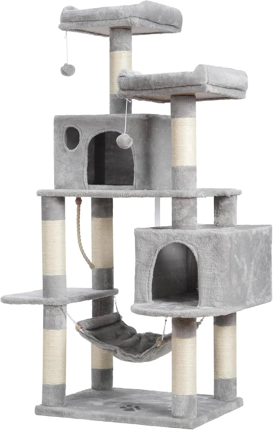 Large Multi-Level Cat Tree with Sisal Posts, 2 Plush Condos, Perch & Hammock for Cats - Light Gray