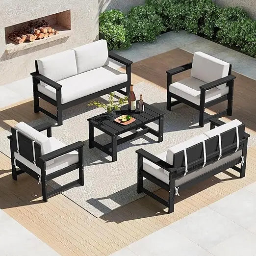 5 Pieces HDPE Outdoor Sofa Set with Cushions, All Weather Use Patio Conversation Couch Loveseat Furniture with Coffee Table for