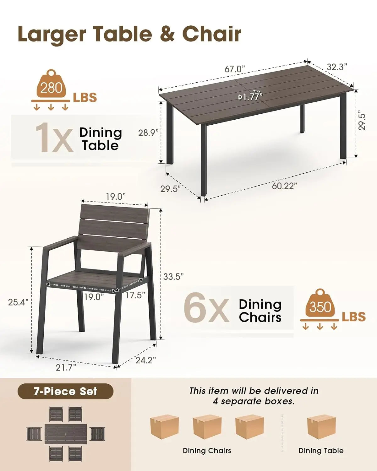 Outdoor Dining Set for 6, Aluminum Patio HDPS Outdooor Table and Chairs Set with Umbrella Hole, All Weather Patio, Custom