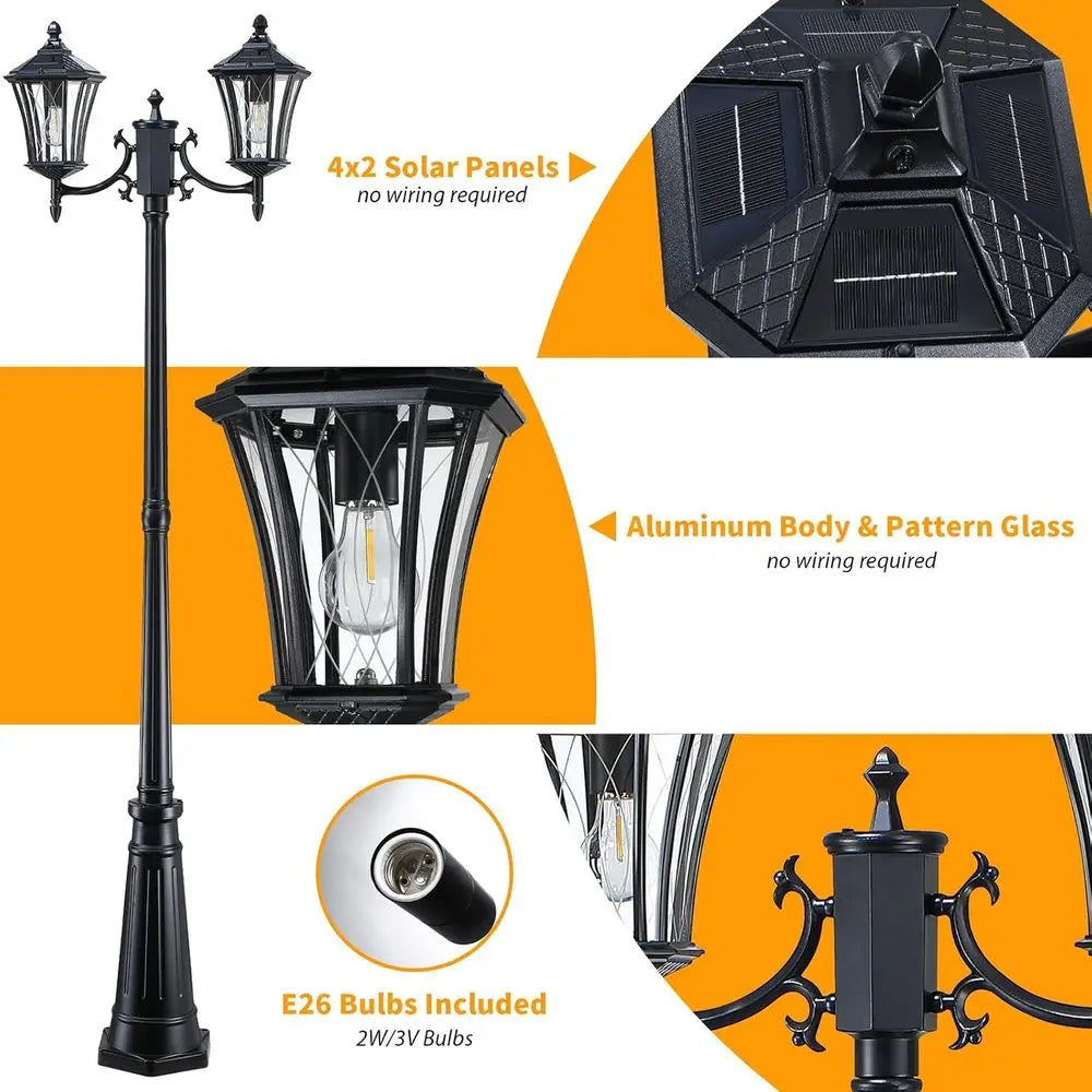85" Solar Lamp Post Light, Dusk to Dawn Lamp Posts Outdoor Lighting, 2-Head Solar Pole Lights Outdoor Post Lights, Retro Black E