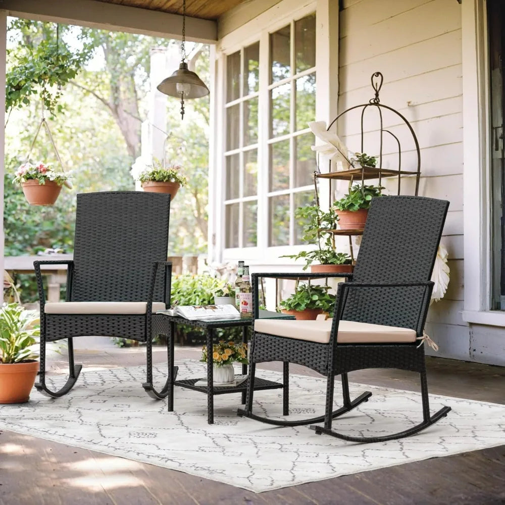 Flamaker Rocking Chair Outdoor PE Rattan Patio Chairs Glass Table High Back Porch Rocker for Balcony Garden Backyard (Beige)