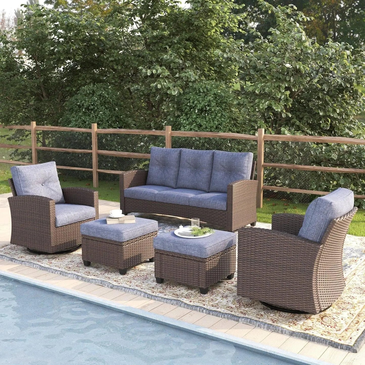 5 Pieces Patio Furniture Swivel Chairs Set, Outdoor Wicker Glider Rocking Chairs with Sofa Set, Customized