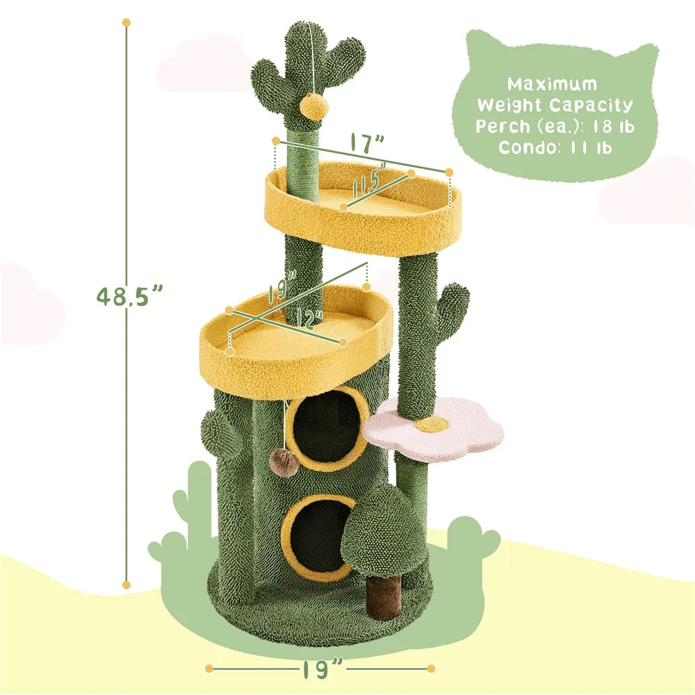 48.5 Tall OasisThemed Cat Tree Indoor FleeceCovered Tower With ching Posts Toys Cat House For Small Medium Cats Green Yell