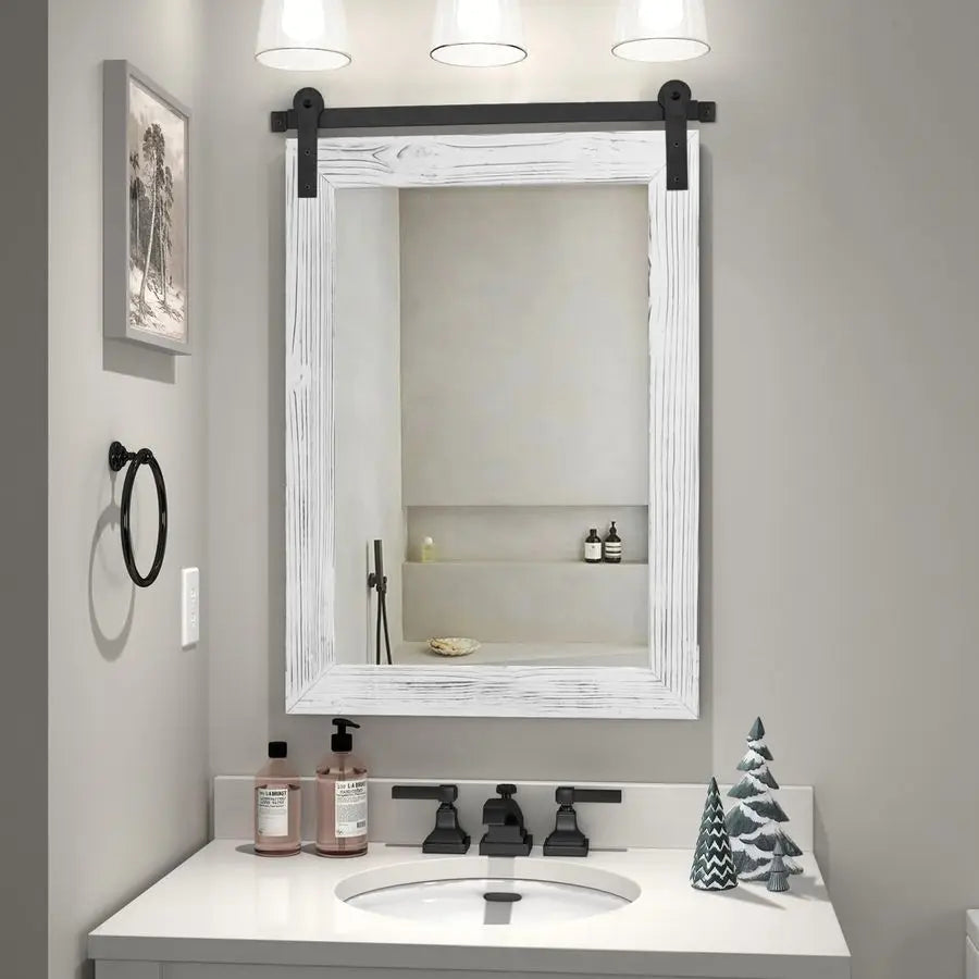 Farmhouse Bathroom Mirror 30 x 21 Rustic Wood Framed Wall Barn Door Mirror for Entryway, Living Room, Vanity Wall Decor White