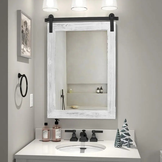 Farmhouse Bathroom Mirror 30 x 21 Rustic Wood Framed Wall Barn Door Mirror for Entryway, Living Room, Vanity Wall Decor White