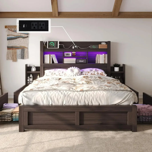 BestsellerQueen Bed Frame with 49.6" Bookcase Headboard & 2 Bedside Stoage Racks & 4 Drawers, Farmhouse Wood Bed Frame