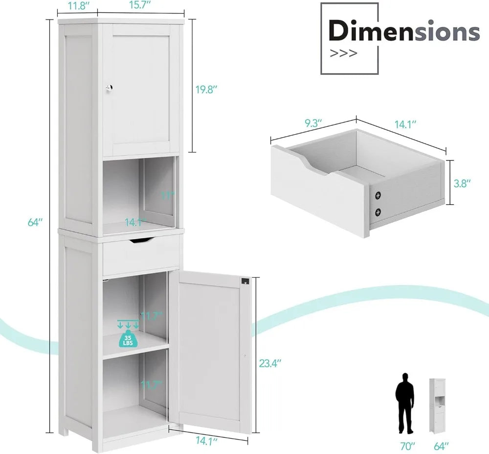 Tall Bathroom Storage Cabinet, 64”H Narrow Storage Unit for Small Spaces, Freestanding Modern Cabinet with Adjustable Shelves