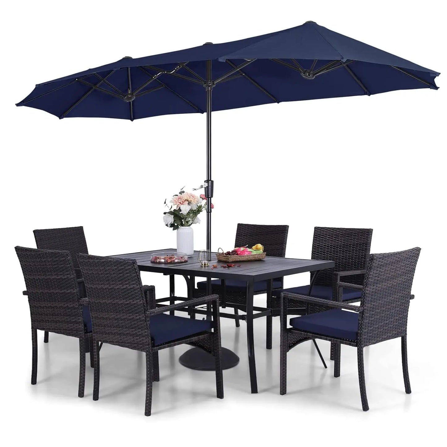Patio Outdoor Table and Chairs Set with Umbrella Navy, Patio Dining Sets for 6, 7 Pieces Patio Table Set for Backyard, Custom