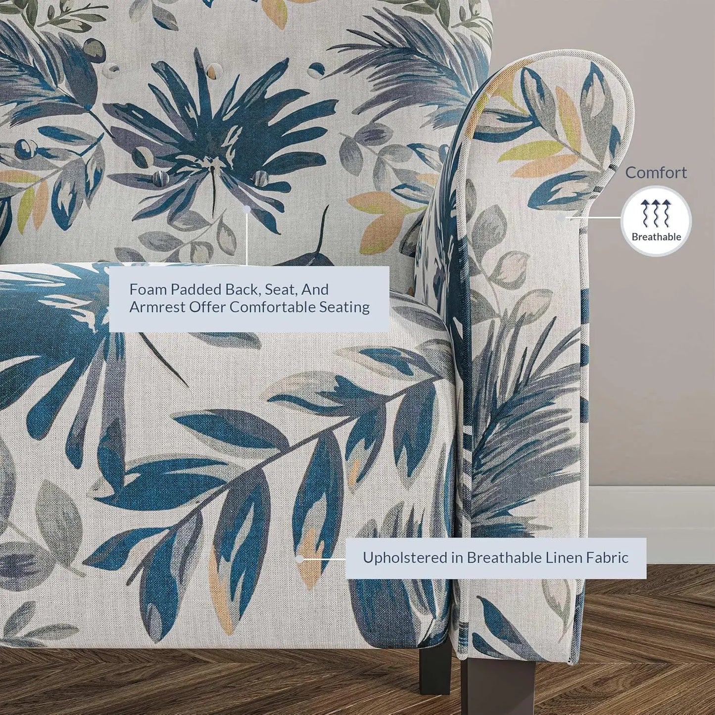 Elegant Wingback Chair, Plush Upholstered Armchair with Wooden Legs, Floral Pattern, for Living Room or Bedroom