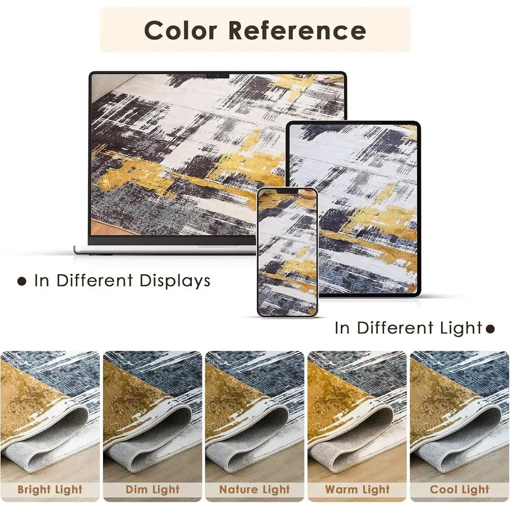 6'x9' Modern Abstract Area Rug - Washable, Non-Slip for Living Room, Bedroom, Kitchen & Dining (Gold Brushstroke)