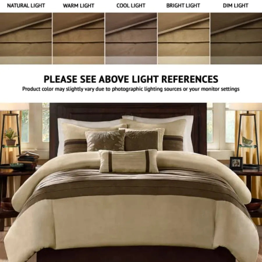 King Size All Season Down Alternative Bedding Set with Faux Suede Striped Accent Natural 7 Piece Includes Matching Shams Decora