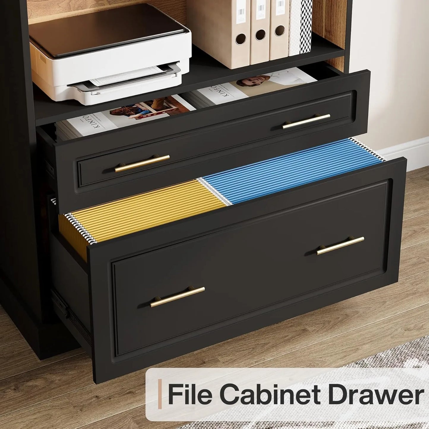 5-Shelf Bookcase with File Cabinet Drawer, 72" Tall Bookshelf, Modern Free-Standing Wood Bookcase, Large Open Display,Customized