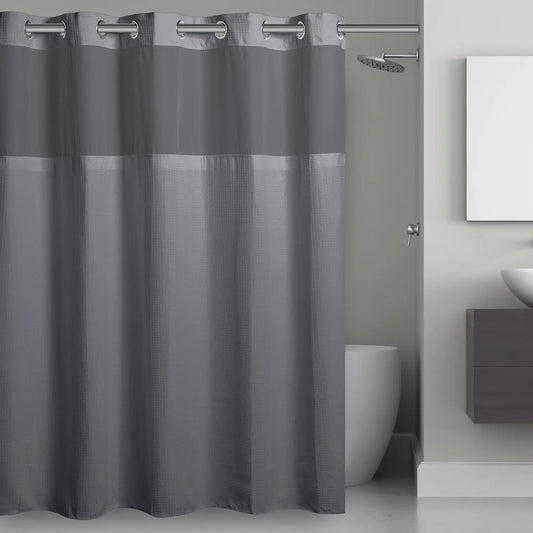 Hookless Waffle Shower Curtain Set with Sheer Window, Snap-In Liner & Built-In Rings, 71x74 Inches, Frost Grey