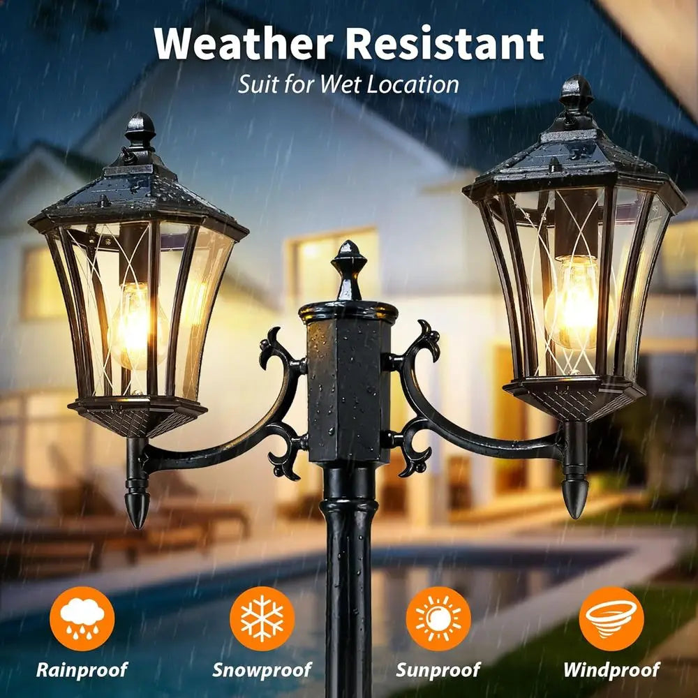85" Solar Lamp Post Light, Dusk to Dawn Lamp Posts Outdoor Lighting, 2-Head Solar Pole Lights Outdoor Post Lights, Retro Black E