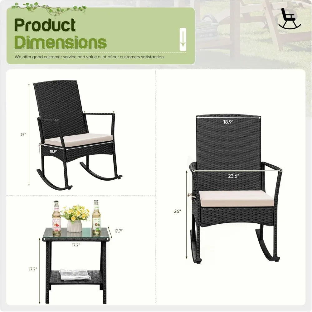 Flamaker Rocking Chair Outdoor PE Rattan Patio Chairs Glass Table High Back Porch Rocker for Balcony Garden Backyard (Beige)