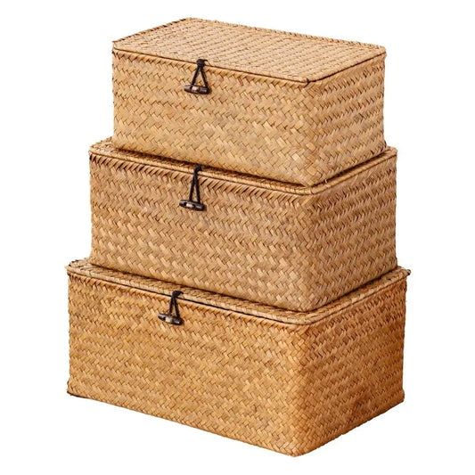 Storage Basket with Lid, Natural Seagrass Bin with Lid Set of 3, Shelf Baskets Multipurpose Container for Boho Decoration, Recta