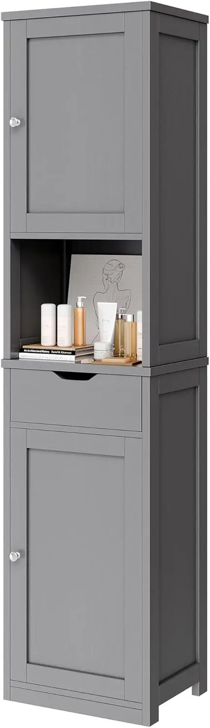 Tall Bathroom Storage Cabinet, 64”H Narrow Storage Unit for Small Spaces, Freestanding Modern Cabinet with Adjustable Shelves