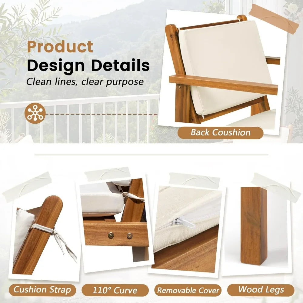 Flamaker Patio Chairs 3 Piece Acacia Wood Patio Furniture with Coffee Table & Cushions Outdoor Conversation Set Balcony Chairs