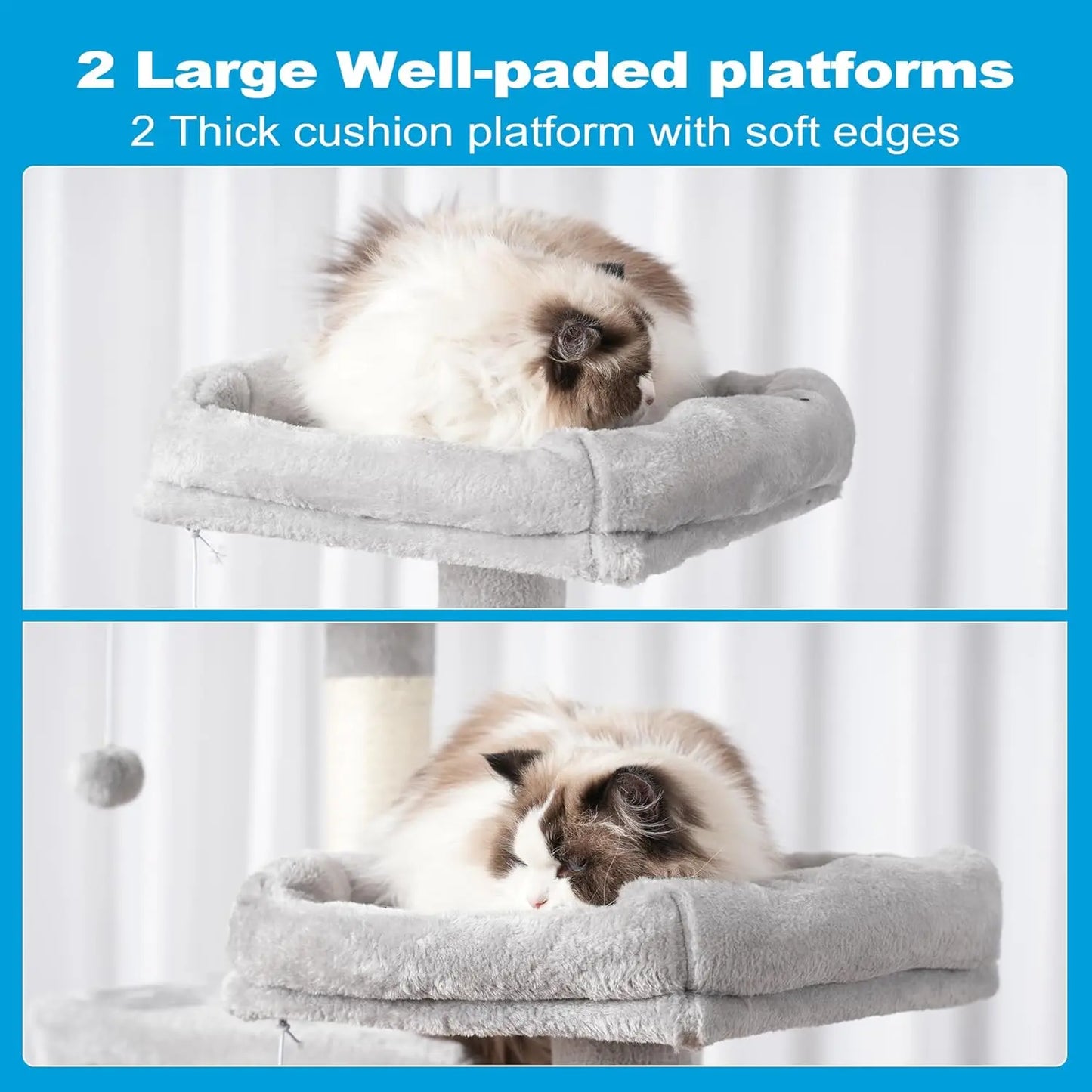 Large Multi-Level Cat Tree with Sisal Posts, 2 Plush Condos, Perch & Hammock for Cats - Light Gray