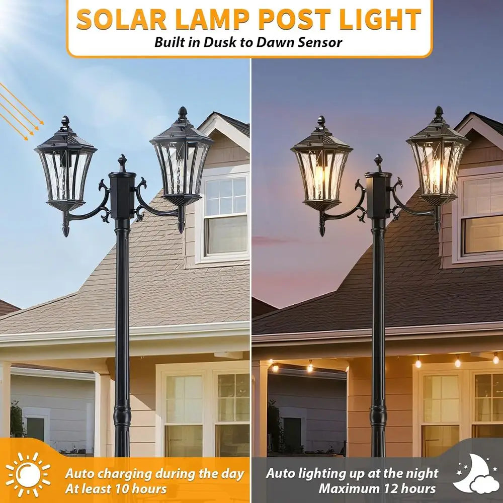 85" Solar Lamp Post Light, Dusk to Dawn Lamp Posts Outdoor Lighting, 2-Head Solar Pole Lights Outdoor Post Lights, Retro Black E