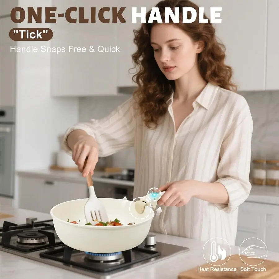 10 pcs Pots and Pan Set Non Stick with Detachable Handle, Ceramic Cookware Set for Stackable, Induction Kitchen Cookware Set for