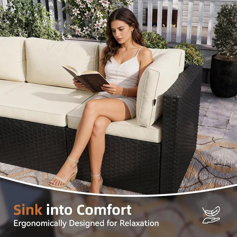 Aoxun Outdoor Patio Furniture Set, 5-Pieces All-Weather Rattan Sectional Sofa Conversation Set with Glass Coffee Table