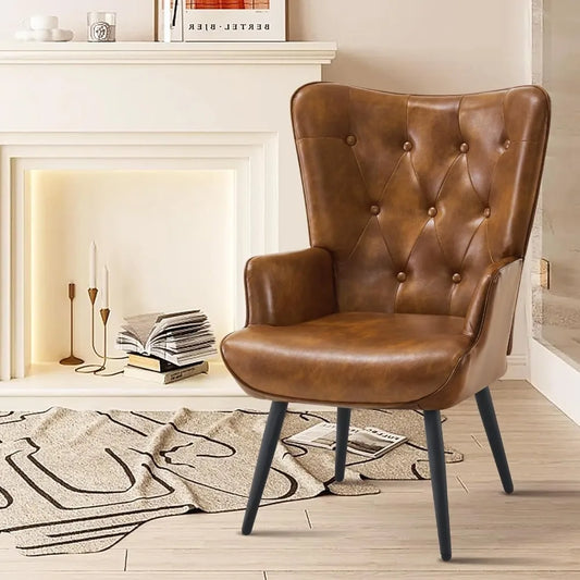 Faux Leather Accent Chair Mid Century Modern Living Room Chairs; Comfy Armchair Leisure Vanity Guest Wingback Chair for Office