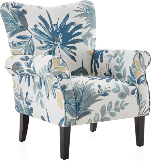Elegant Wingback Chair, Plush Upholstered Armchair with Wooden Legs, Floral Pattern, for Living Room or Bedroom