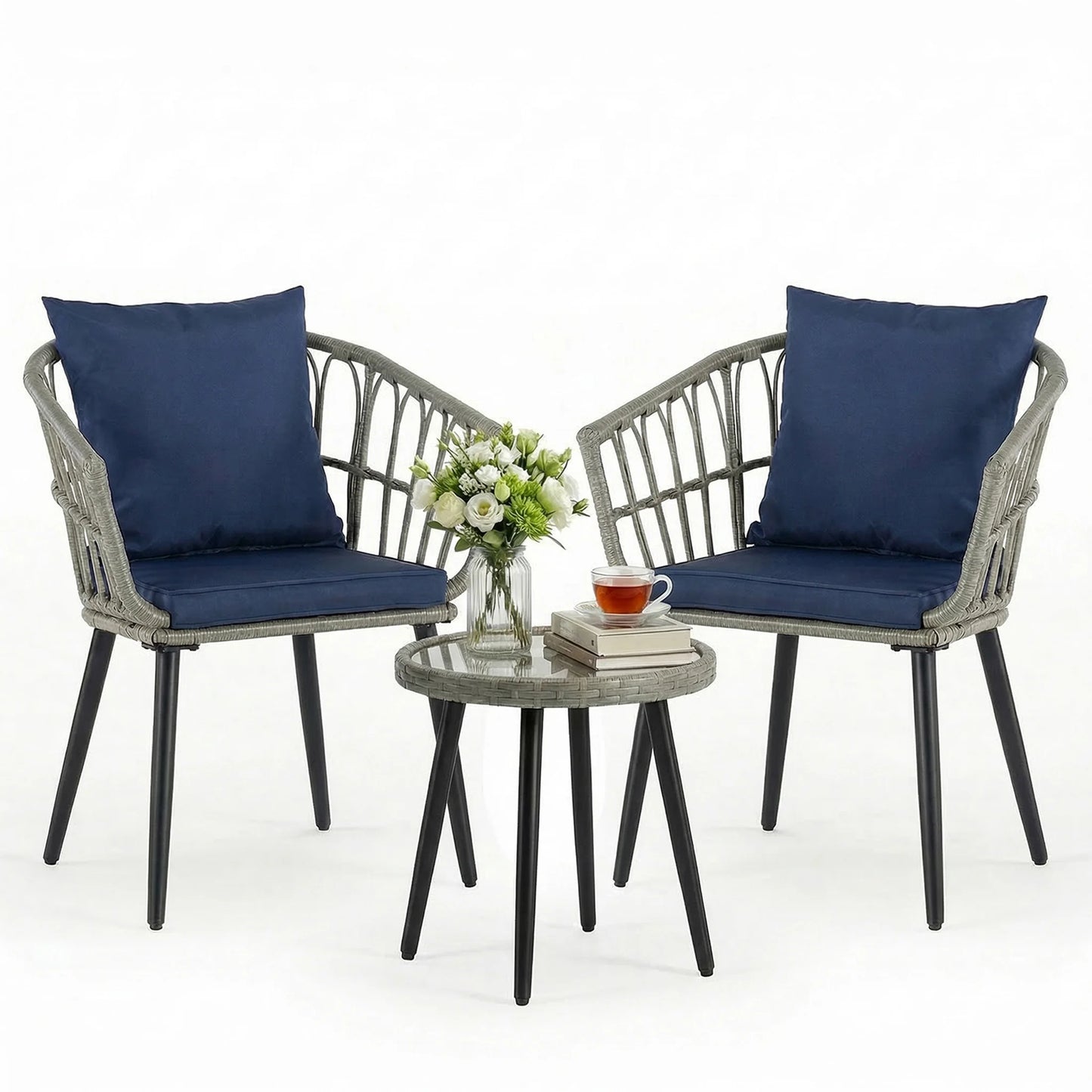 JHK 3 Pieces Wicker Patio Outdoor Set with Soft Cushion and Glass Steel Frame Table Manual Weaving Patio Chairs For Garden Lawn