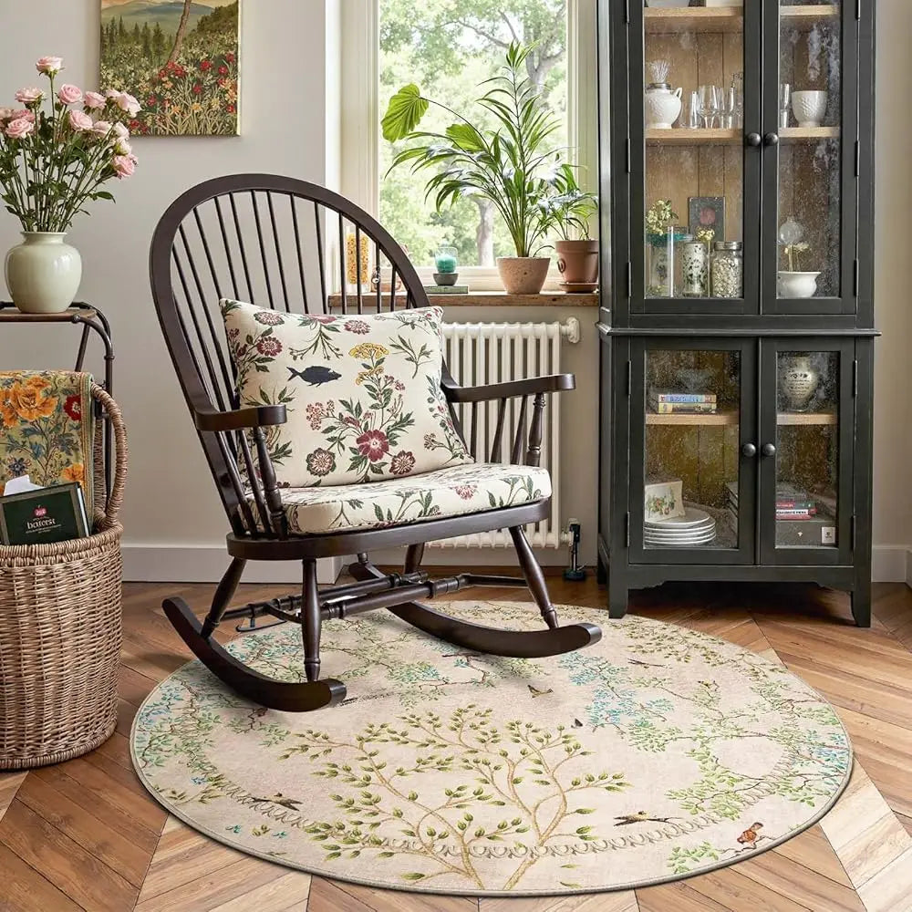 Round Rugs 6Ft Beige Botanical Birds Print,Machine Washable 6' Circle Nature Plants Modern Soft Non-Slip Kids Throw Area