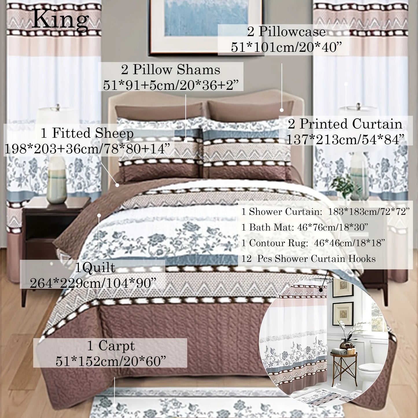 24pcs Bedspread Set 9pcs Quilt Set with 15pcs Shower Curtain Set Exquisite Pattern Modern Style Skin-friendly & Comfortable All