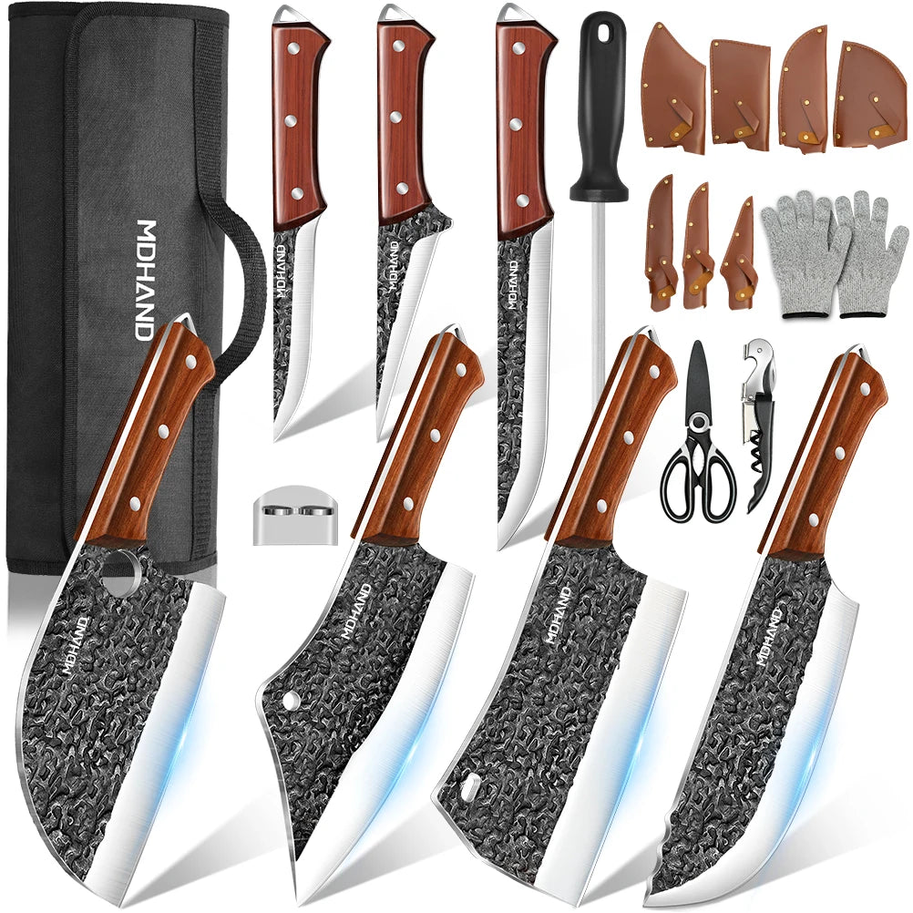 14PCS Hand Forged Butcher Knife Set with Roll Bag Serbian Chef Knives Bone Chopper Knives for Men Home Kitchen Cooking Tool
