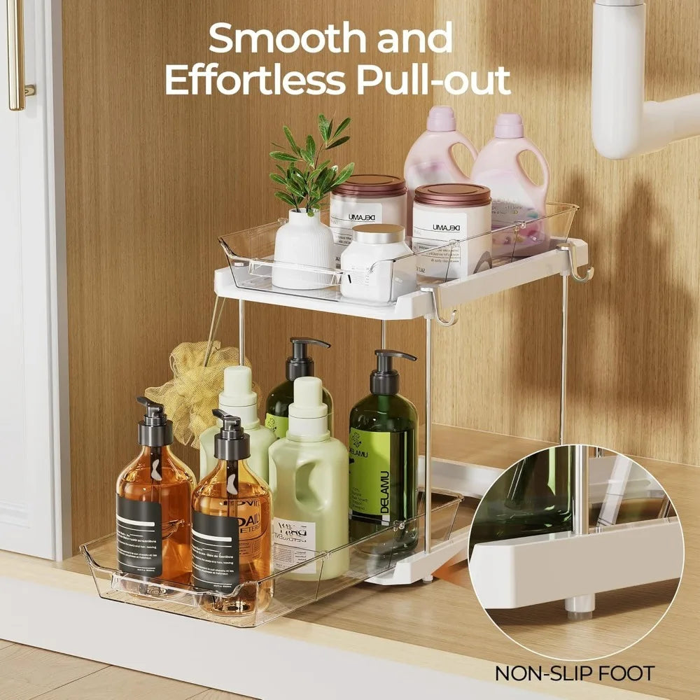 2 Tier Bathroom Under Sink Organizers and Storage with Hook, Multi-Purpose Cabinet Drawers with Movable Dividers, Pull Out Organ