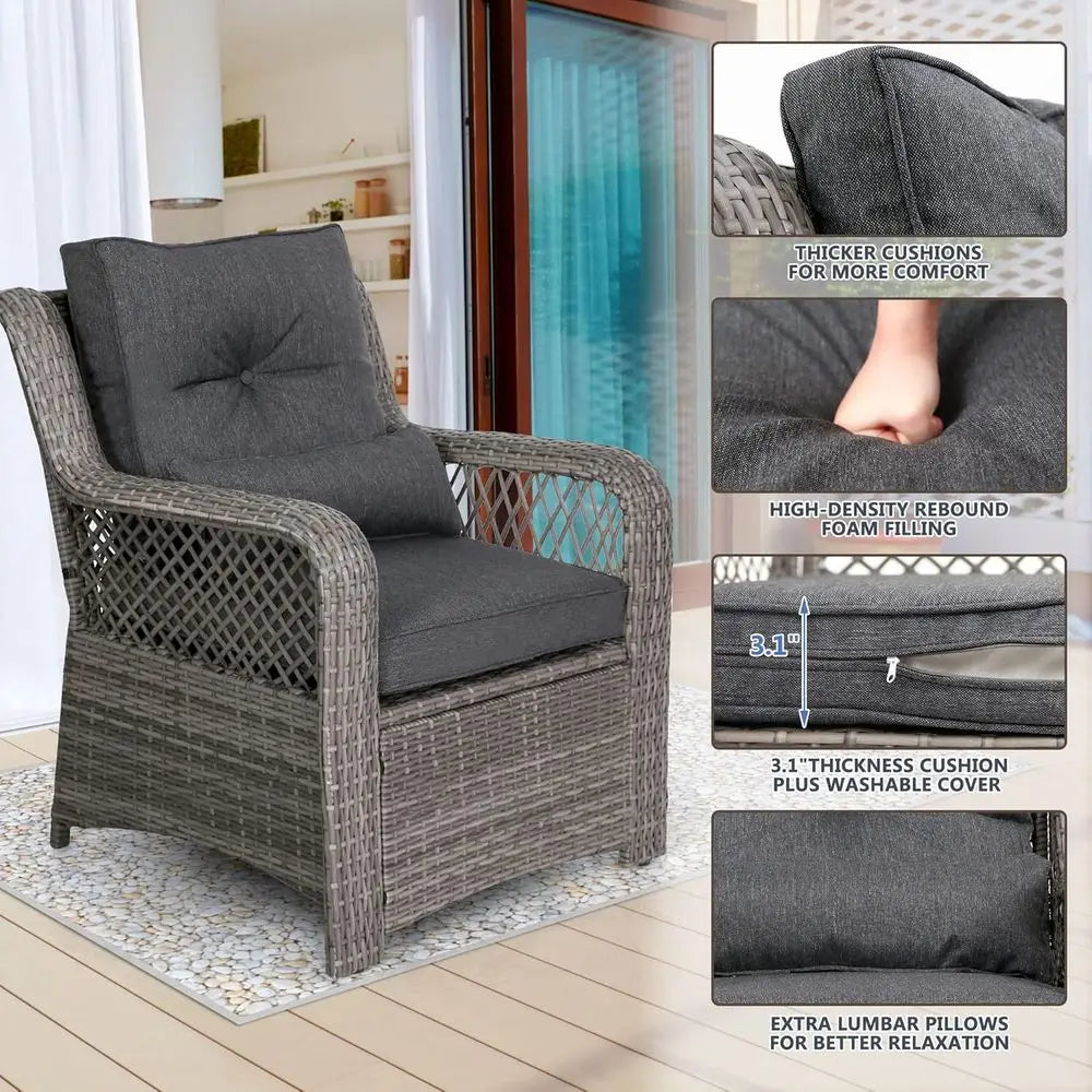 6-Piece Grey Wicker Outdoor Patio Furniture Set with Sectional Sofa, Coffee Table, High Back Chairs, and Ottoman for Garden, Dec
