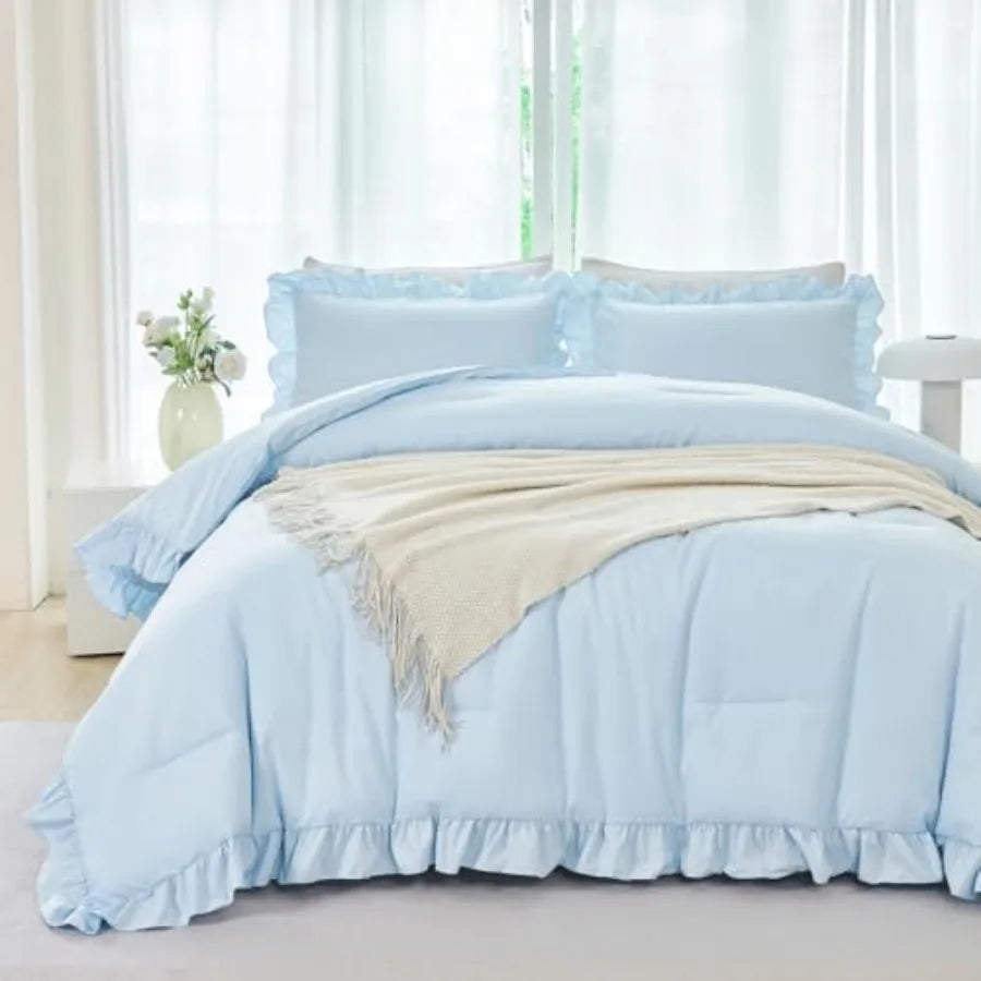 Ruffle Girls Comforter Set Twin Size 5 Pieces Ruffled Farmhouse Bed in A Bag Solid Boho Bedding Comforter Sets Soft Fluffy Bed