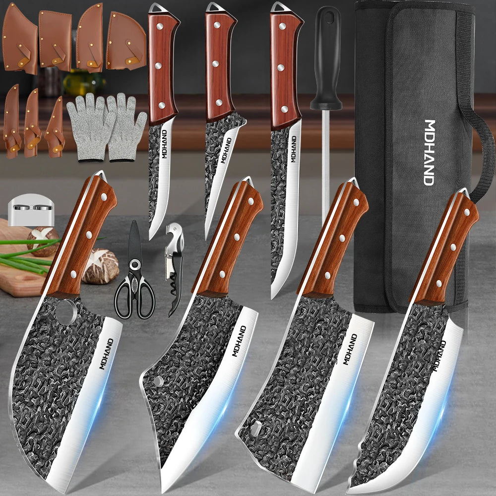 14PCS Hand Forged Butcher Knife Set with Roll Bag Serbian Chef Knives Bone Chopper Knives for Men Home Kitchen Cooking Tool