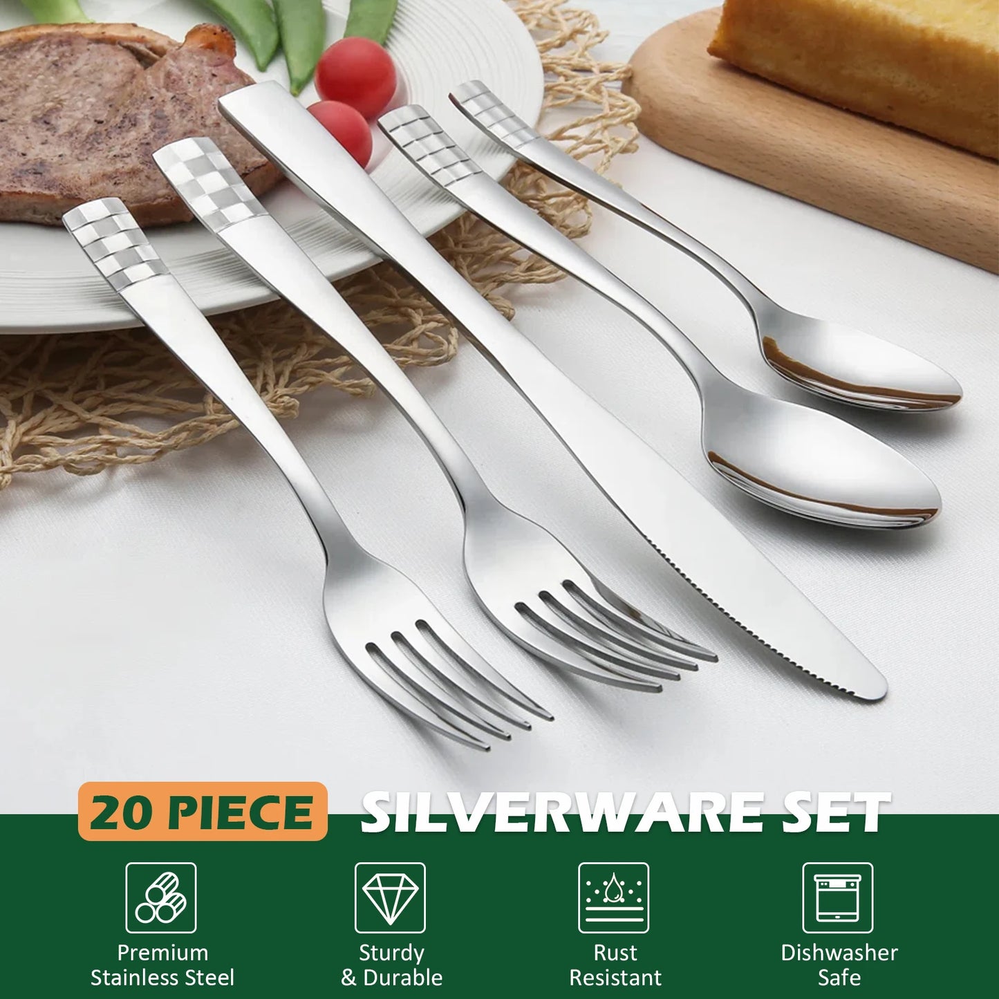 KOOMADE Flatware CHECKERS  20pcs  Remailer home kitchen utensil set  including fork knife and spoon