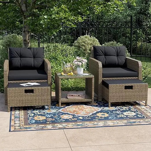 Balcony Furniture 5 Piece Patio Conversation Set, PE Wicker Rattan Outdoor Lounge Chairs with Soft Cushions 2 Ottoman&Glass Tabl