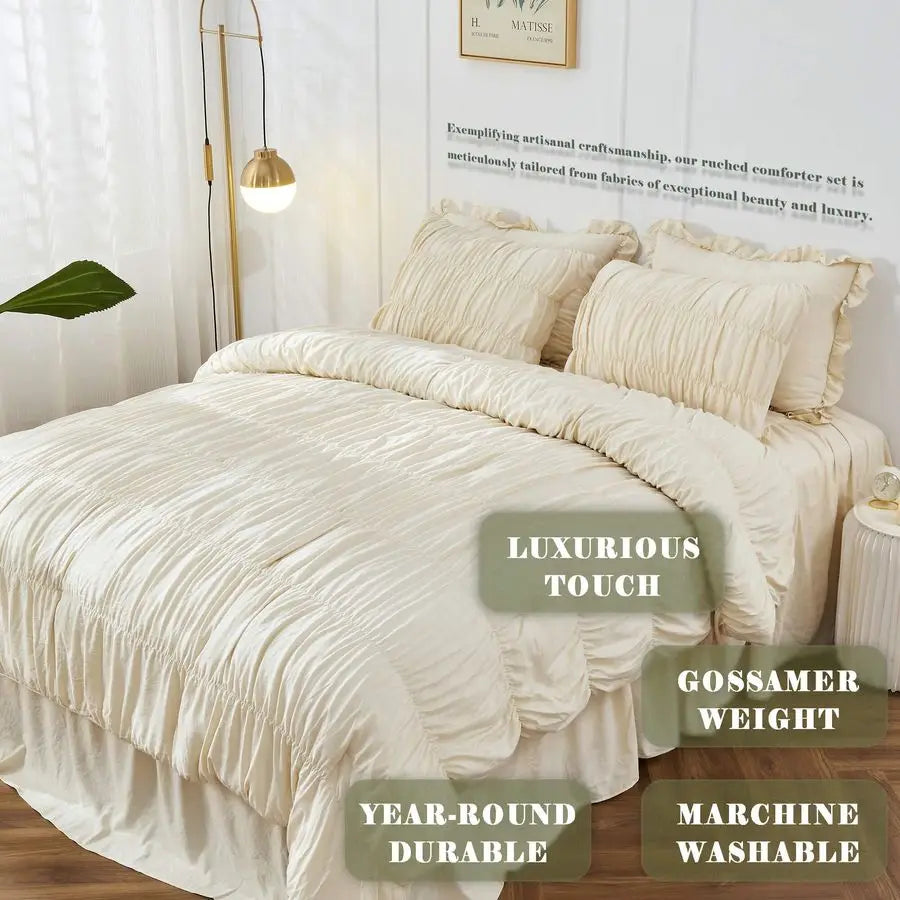 Queen Comforter Set Ruched Comforter Queen Size Bed Set Boho Shabby Chic Bedding for Bedroom Comforter Fluffy 3 Piece Ruffle Com